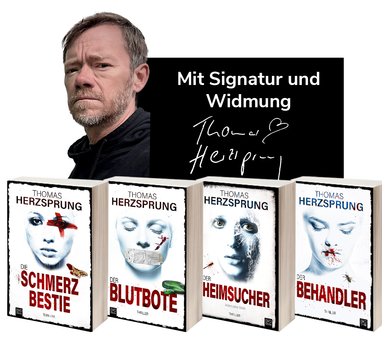 Geschenk-Set: Alle Thriller der Bachmann-Reihe als signierte Taschenbuchausgaben (Der Behandler, Der Heimsucher, Der Blutbote, Die Schmerzbestie