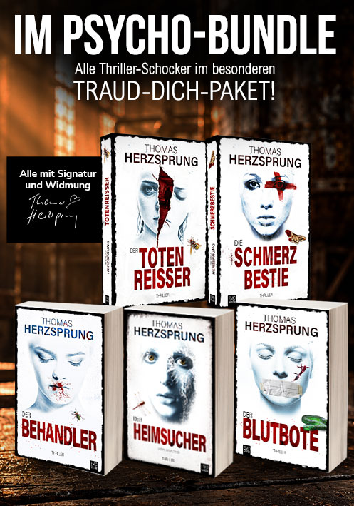 PSYCHO-BUNDLE: Alle Thriller der Bachmann-Reihe als signierte Taschenbuchausgaben (Der Behandler, Der Heimsucher, Der Blutbote, Die Schmerzbestie, Der Totenreißer)