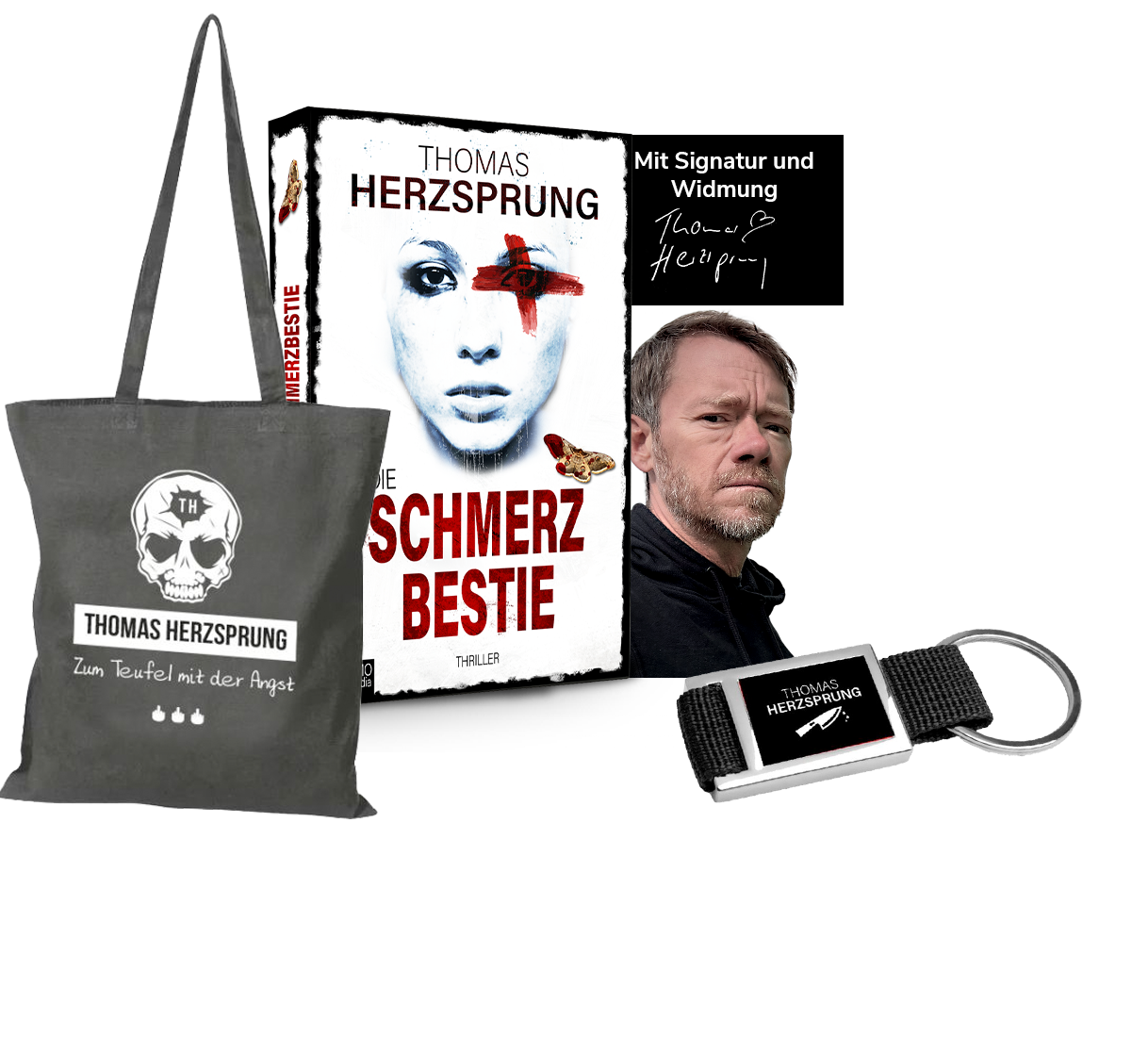 Fanpaket »Die Schmerzbestie« – mit signiertem Taschenbuch, Stofftasche und Schlüsselanhänger
